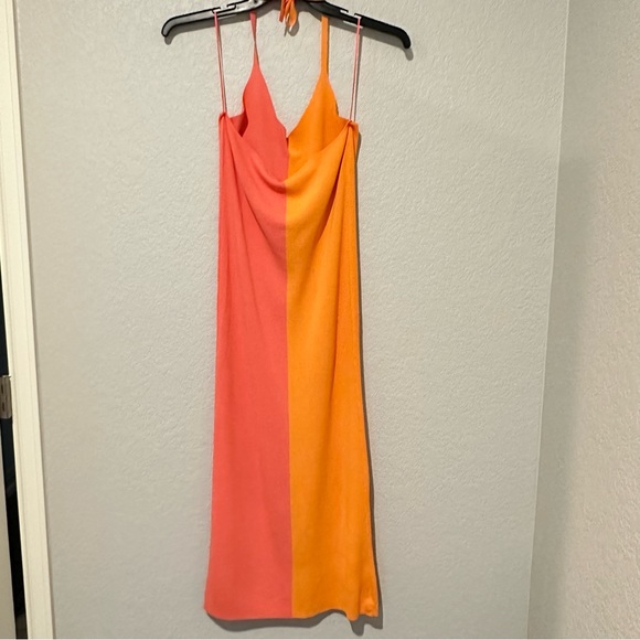 New Zara Tied Knit Halter Pink Orange Colorblock Midi Dress 9598/095 Large - Picture 6 of 10